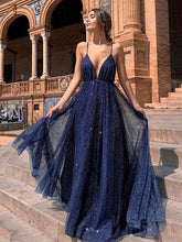 Navy Blue Long A-line V Neck Backless Sparkly Open Back Formal Evening Prom Dresses