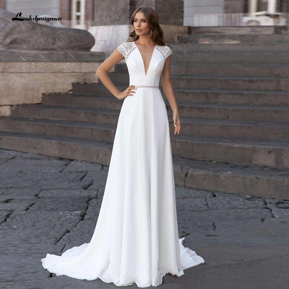 Abiti Donna Modest Bridal A Line Wedding Dress Summer 2025 Simple V-neck Backless Beach Wedding Dresses Long Train