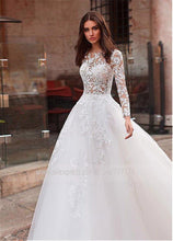 Sunnderly Attractive Tulle Jewel Neckline See-through Bodice A-line Wedding Dress With Lace Appliques & Beadings Long Sleeves Bridal Dress