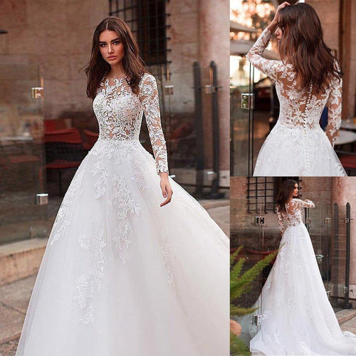 Sunnderly Attractive Tulle Jewel Neckline See-through Bodice A-line Wedding Dress With Lace Appliques & Beadings Long Sleeves Bridal Dress