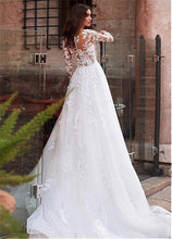 Sunnderly Attractive Tulle Jewel Neckline See-through Bodice A-line Wedding Dress With Lace Appliques & Beadings Long Sleeves Bridal Dress