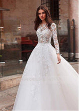 Sunnderly Attractive Tulle Jewel Neckline See-through Bodice A-line Wedding Dress With Lace Appliques & Beadings Long Sleeves Bridal Dress