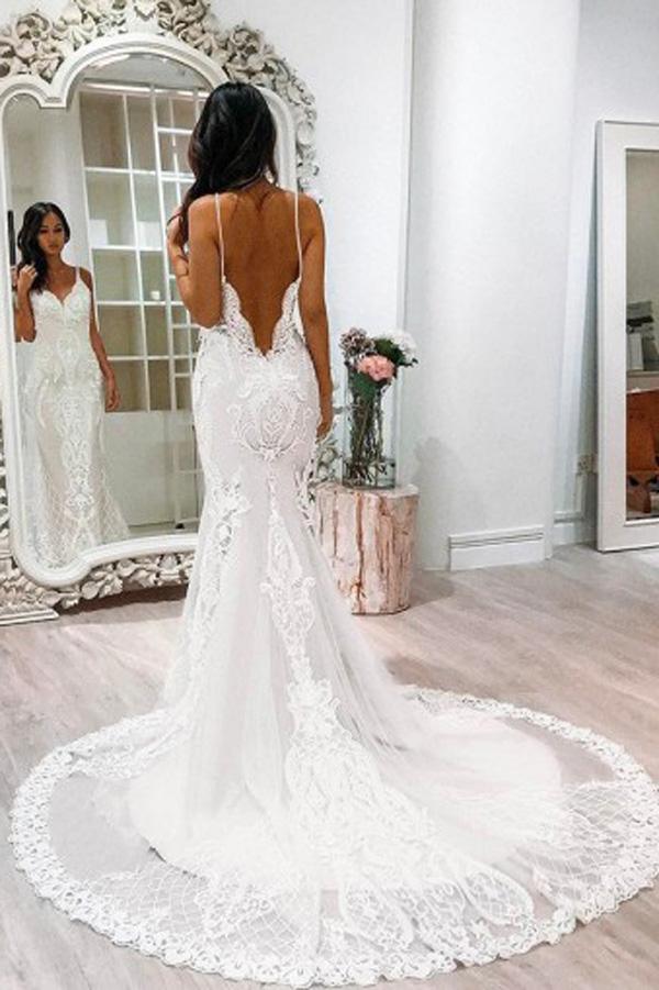 Gorgeous White Spaghetti Straps Lace Tulle Mermaid Court Train Wedding Dresses MW239