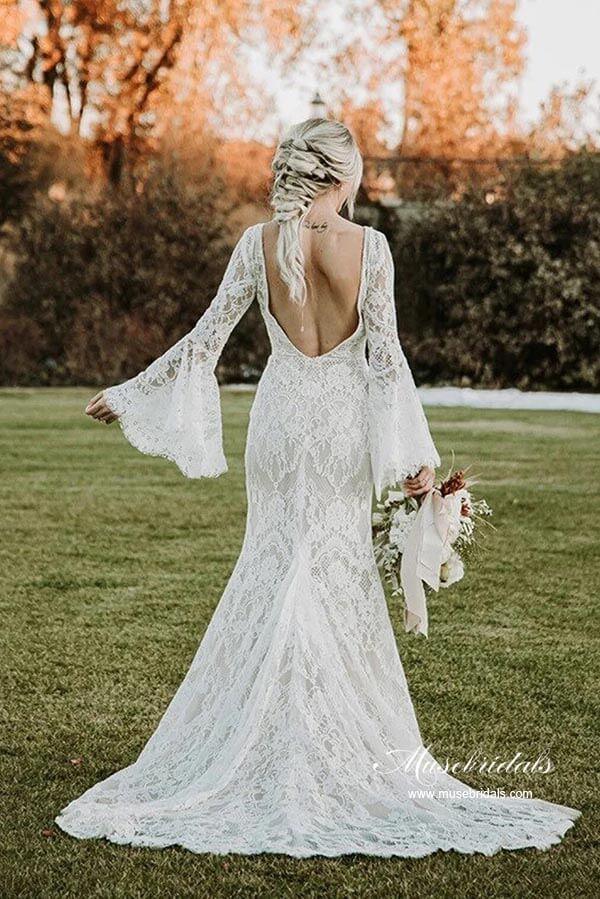 Lace Mermaid V-neck Long Sleeves Backless Vintage Wedding Dresses MW892