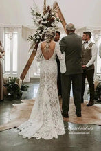 Lace Mermaid V-neck Long Sleeves Backless Vintage Wedding Dresses MW892