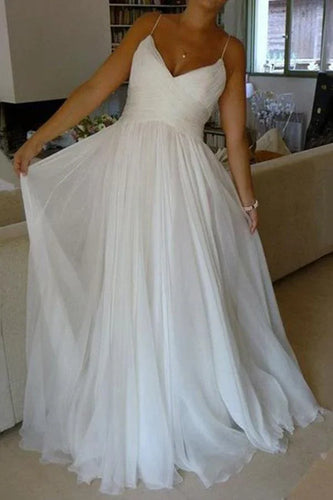 A-line Chiffon Simple V-neck Spaghetti Straps Court Train Wedding Dresses