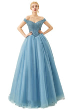 Off the Shoulder aline Princess Ball Gown Tulle Floor Length Beadings Party Gown Lace-up