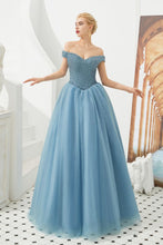 Off the Shoulder aline Princess Ball Gown Tulle Floor Length Beadings Party Gown Lace-up
