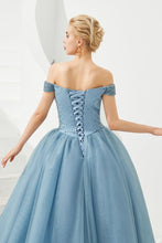 Off the Shoulder aline Princess Ball Gown Tulle Floor Length Beadings Party Gown Lace-up