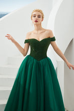 Off the Shoulder aline Princess Ball Gown Tulle Floor Length Beadings Party Gown Lace-up