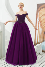 Off the Shoulder aline Princess Ball Gown Tulle Floor Length Beadings Party Gown Lace-up