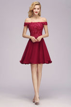 Off the Shoulder Floral Lace Short Homecoming Dress Burgundy Knee Length Chiffon Evening Dress
