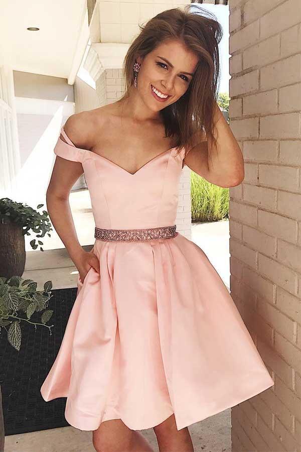 Off the Shoulder Short Pink Party Dress Homecoming Dress with Pockets PD125