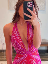 Fuchsia Halter Mermaid Beaded Prom Dress With Split