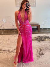 Fuchsia Halter Mermaid Beaded Prom Dress With Split