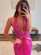 Fuchsia Halter Mermaid Beaded Prom Dress With Split