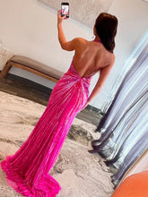 Fuchsia Halter Mermaid Beaded Prom Dress With Split
