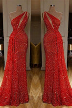 One Shoulder Red Sexy Sequins Long Prom Dresses