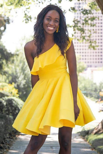 One Shoulder Ruffled Short Prom Dress Yellow Homecoming Dress PD342