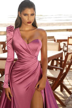 One Shoulder Satin Side Split Prom Gowns with Sweep Train