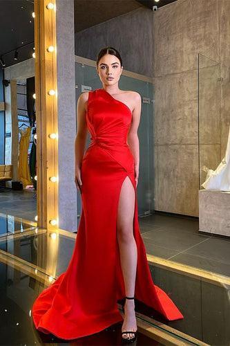 One Shoulder Sleeveless Ruffles Split Mermaid Prom Dresses