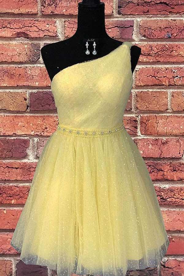 One Shoulder Yellow Chic Tulle Homecoming Dress Cute Graduation Dress PD374