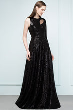 One-sleeve Black A-line Floor Length Sequined Prom Dresses