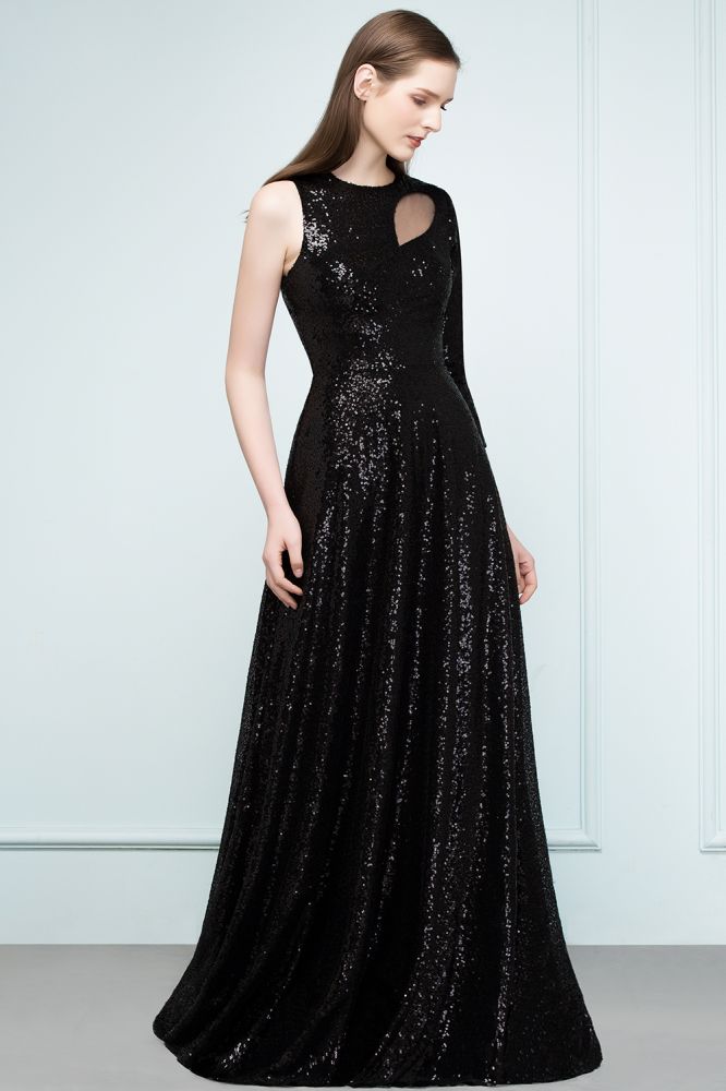 One-sleeve Black A-line Floor Length Sequined Prom Dresses