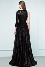 One-sleeve Black A-line Floor Length Sequined Prom Dresses