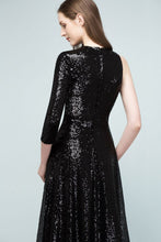 One-sleeve Black A-line Floor Length Sequined Prom Dresses