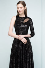 One-sleeve Black A-line Floor Length Sequined Prom Dresses