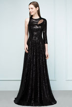 One-sleeve Black A-line Floor Length Sequined Prom Dresses