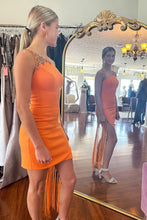 Orange One Shoulder Beaded Short Homecoming Dress with Tassel