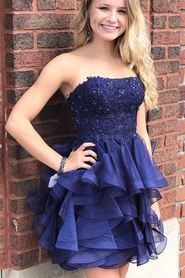 Organza A-line Strapless Short Prom Dress Navy Blue Homecoming Dress PD393