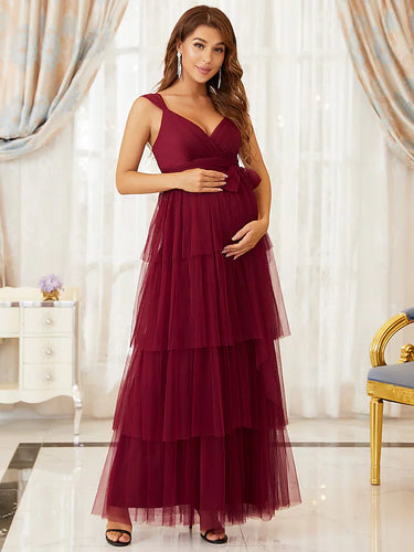 A-Line Maternity Cute Formal Evening Dress V Neck Sleeveless Floor Length Tulle with Tier Pure Color