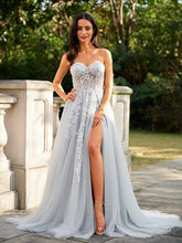 Beautiful A-Line/Princess Tulle Applique Sweetheart Sleeveless Court Train Long Prom Dresses GJS912