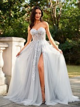 Beautiful A-Line/Princess Tulle Applique Sweetheart Sleeveless Court Train Long Prom Dresses GJS912