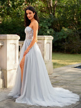 Beautiful A-Line/Princess Tulle Applique Sweetheart Sleeveless Court Train Long Prom Dresses GJS912