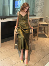 Philomena | Olive Green Sheath Satin Beaded Long Prom Dresses