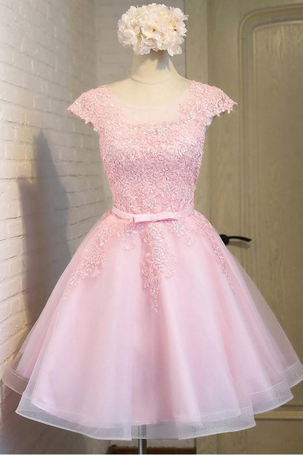 Pink Lace Short Tulle Homecoming Dresses Party Dresses with Cap Sleeves  PG138