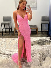 Pink Long Mermaid Sequins V Neck Backless Prom Dresses with Slit