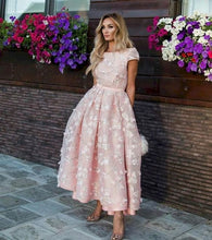 Pink Short Flowers Jewel A-Line Tea-length Prom Dresses
