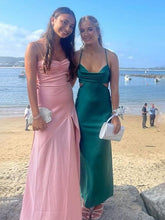 Yellow A Line Spaghetti Straps Silk Long Prom Dress with Slit