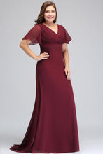Plus size V-neck Mermaid Floor Length Short Sleeves Burgundy Evening Dresses with Sash