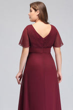 Plus size V-neck Mermaid Floor Length Short Sleeves Burgundy Evening Dresses with Sash