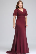 Plus size V-neck Mermaid Floor Length Short Sleeves Burgundy Evening Dresses with Sash
