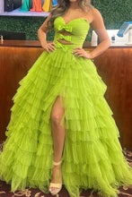 Polka Dot Strapless Ruffle Tiered Prom Gown with Keyholes