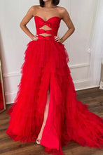 Polka Dot Strapless Ruffle Tiered Prom Gown with Keyholes