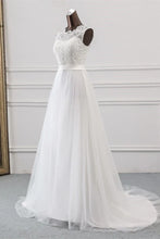 A-line Elegant Long Jewel Tulle Appliques Lace Wedding Dress