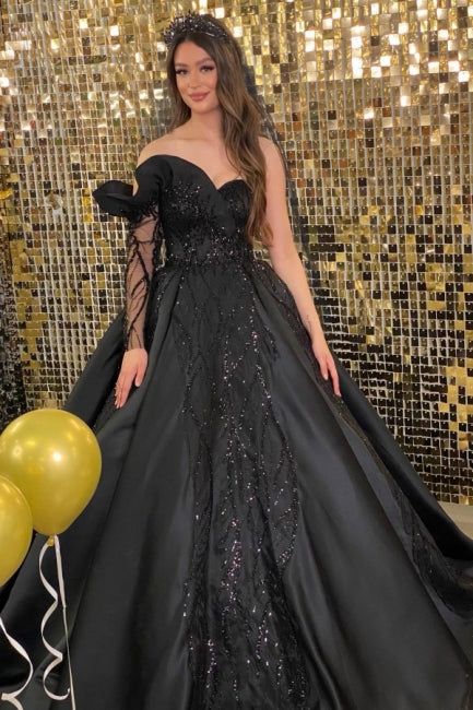 Princess Black Long Sleeve A-line Wedding Dresses With Beads